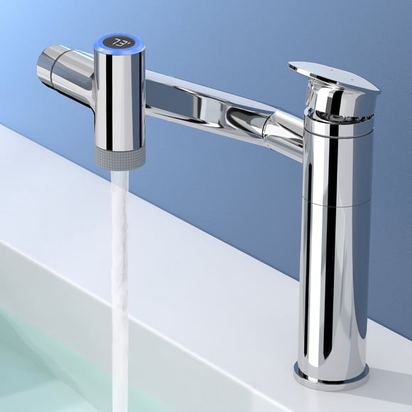 KAIYING Robinet de Salle de Bain Rotatif à 1080°, Robinet de Lavabo à une Poignée à Hauteur Réglable avec Affichage de la Température (Chrome)