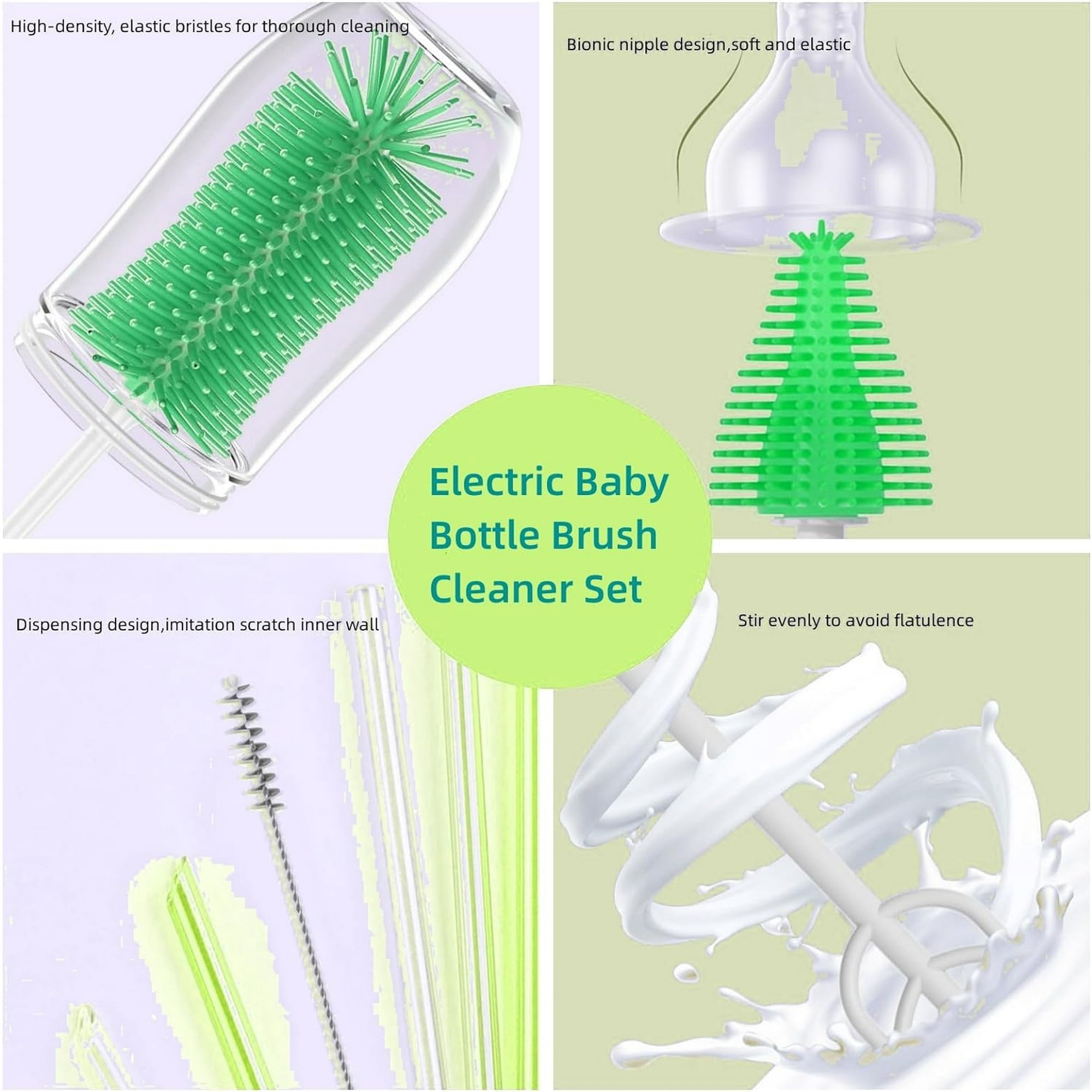 Electric Bottle Brush Cleaner, Rechargable Electric Baby Bottle Brush for Travel, Waterproof Electric Bottle Cleaner Set with Nipple & Straw Brush, Perfect Essentials Gift for Mom After Birth, Green