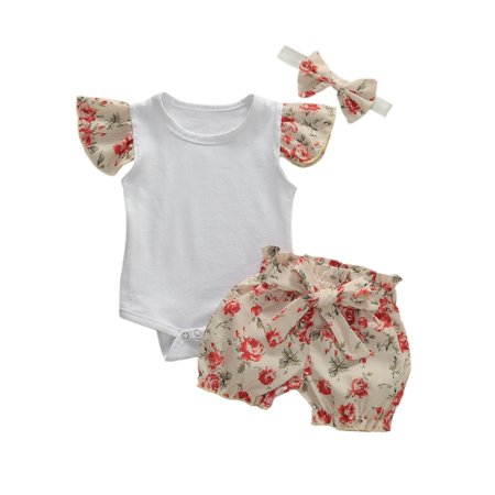 

Toddler Girl Summer Clothing Infant Newborn Baby Girls Ruffled Tops Bodysuits Shorts Floral Headband Outfit Set