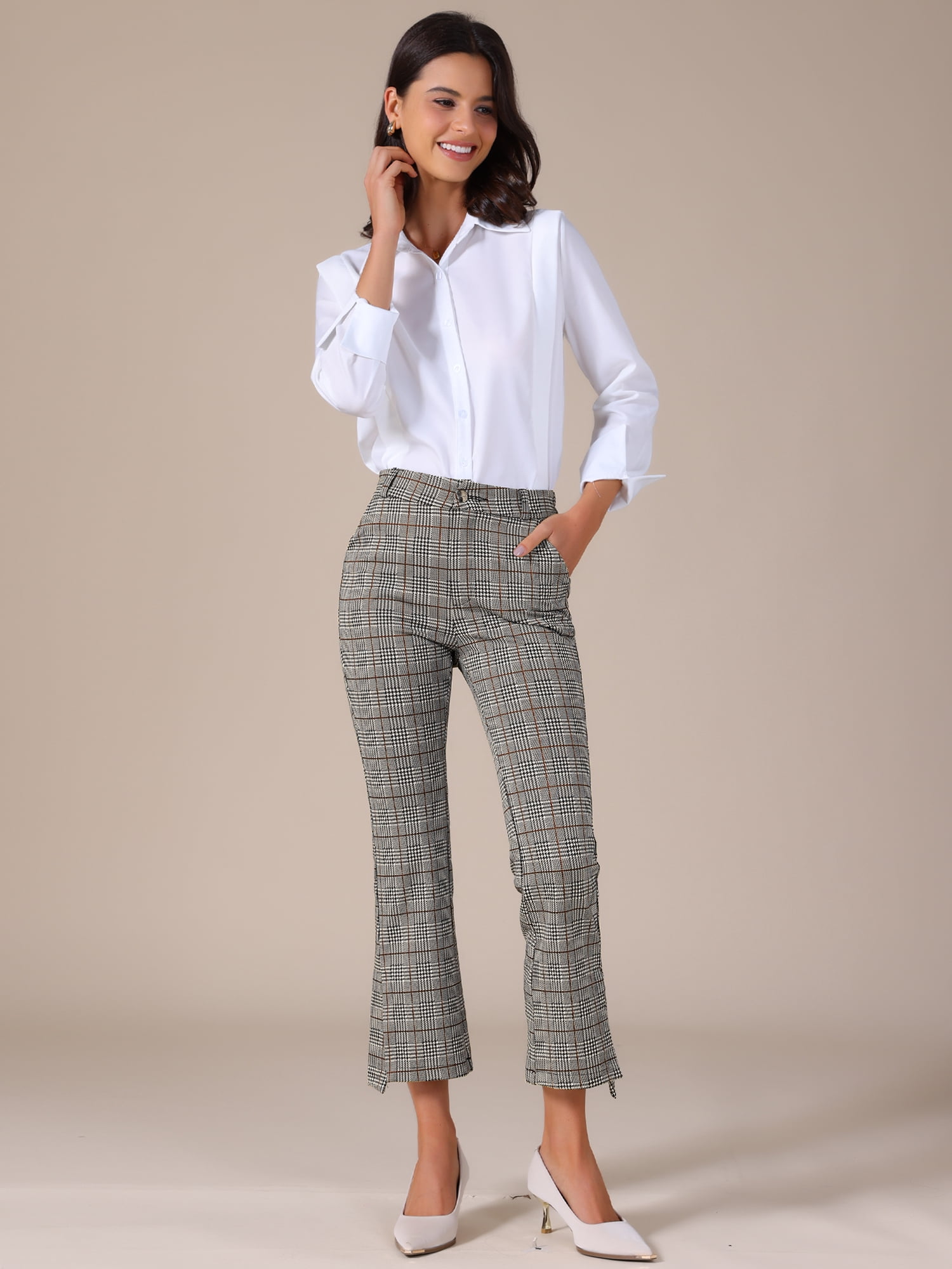DARING DIVA Women's Plaid High Waist Side Slit Suit Pants Medium Black