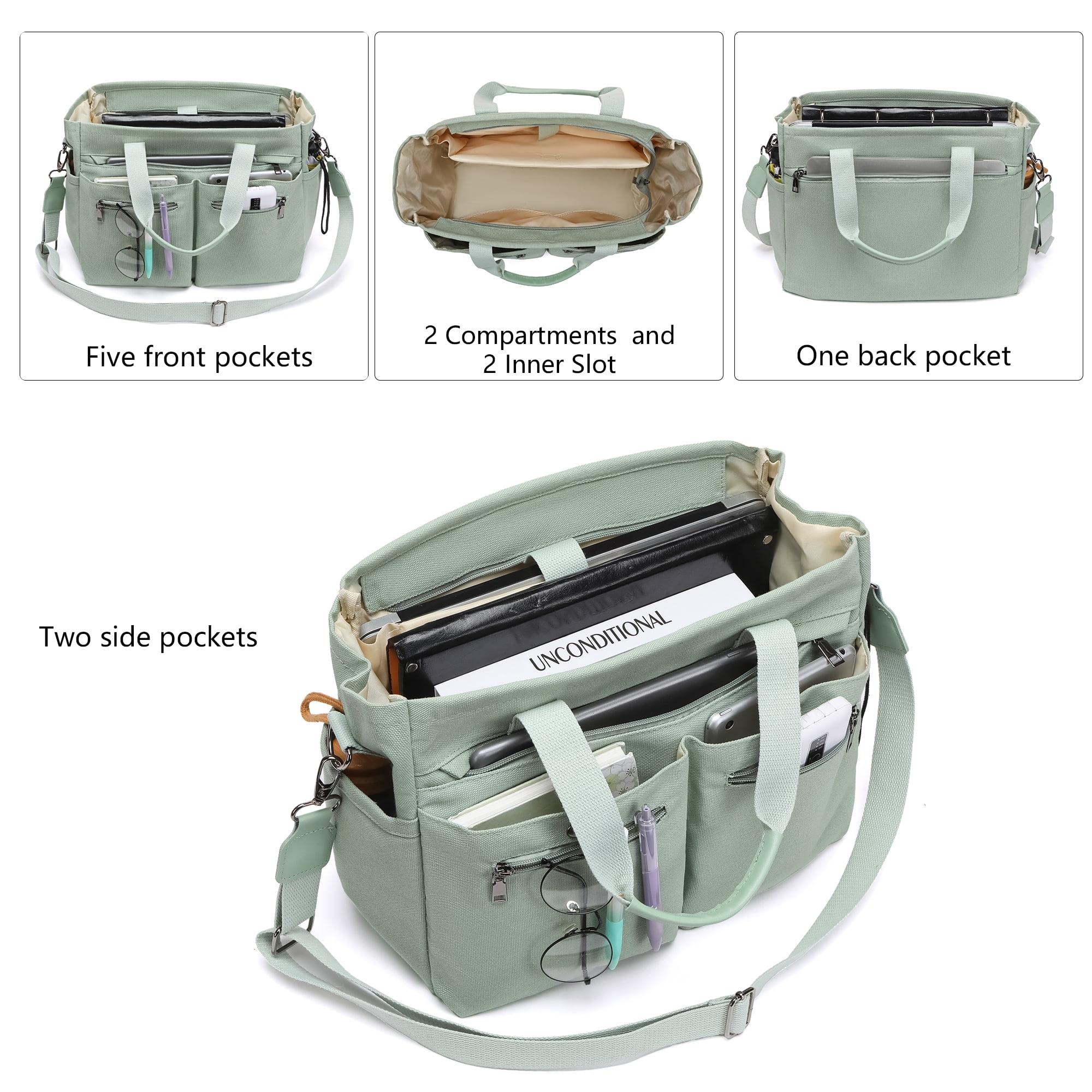 2pcs/set Women'S Large Canvas Tote Bag - Multi-Pocket Laptop Work Bag, Crossbody Shoulder Hobo Messenger Handbag, Purse for Travel, Gym, and Everyday Use