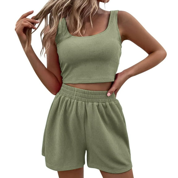Baqcunre Lounge Sets for Women,Summer Shorts Sets 2 Piece Sleeveless Matching Crop Top and High Waisted Shorts,Outfits for Women Womens Pajamas Pajama Set Womens Clothes Grey L