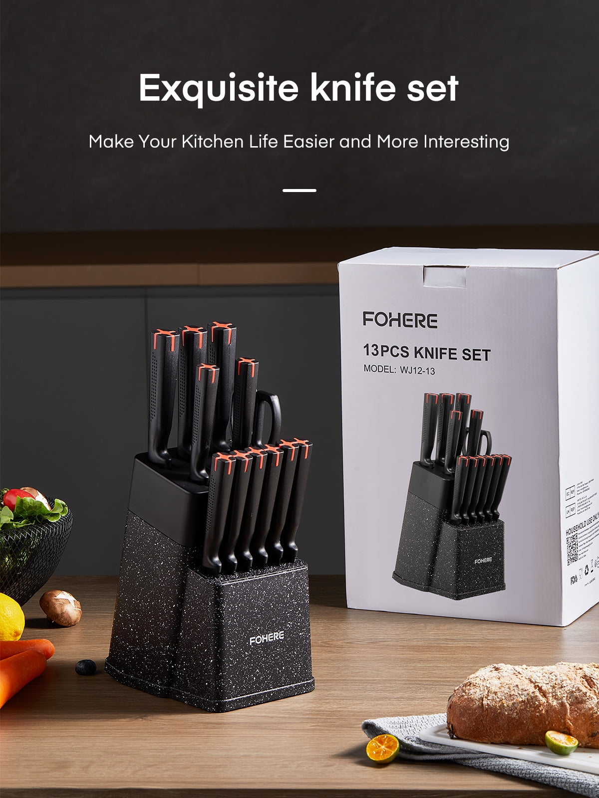 FOHERE 13 Pieces Knife Set with Block, Stainless Steel Knive Sets for Kitchen with Built-in Sharpener Sharp Granite Kitchen Knife Block Set with Anti-slip Handle Rust Resistant, Black