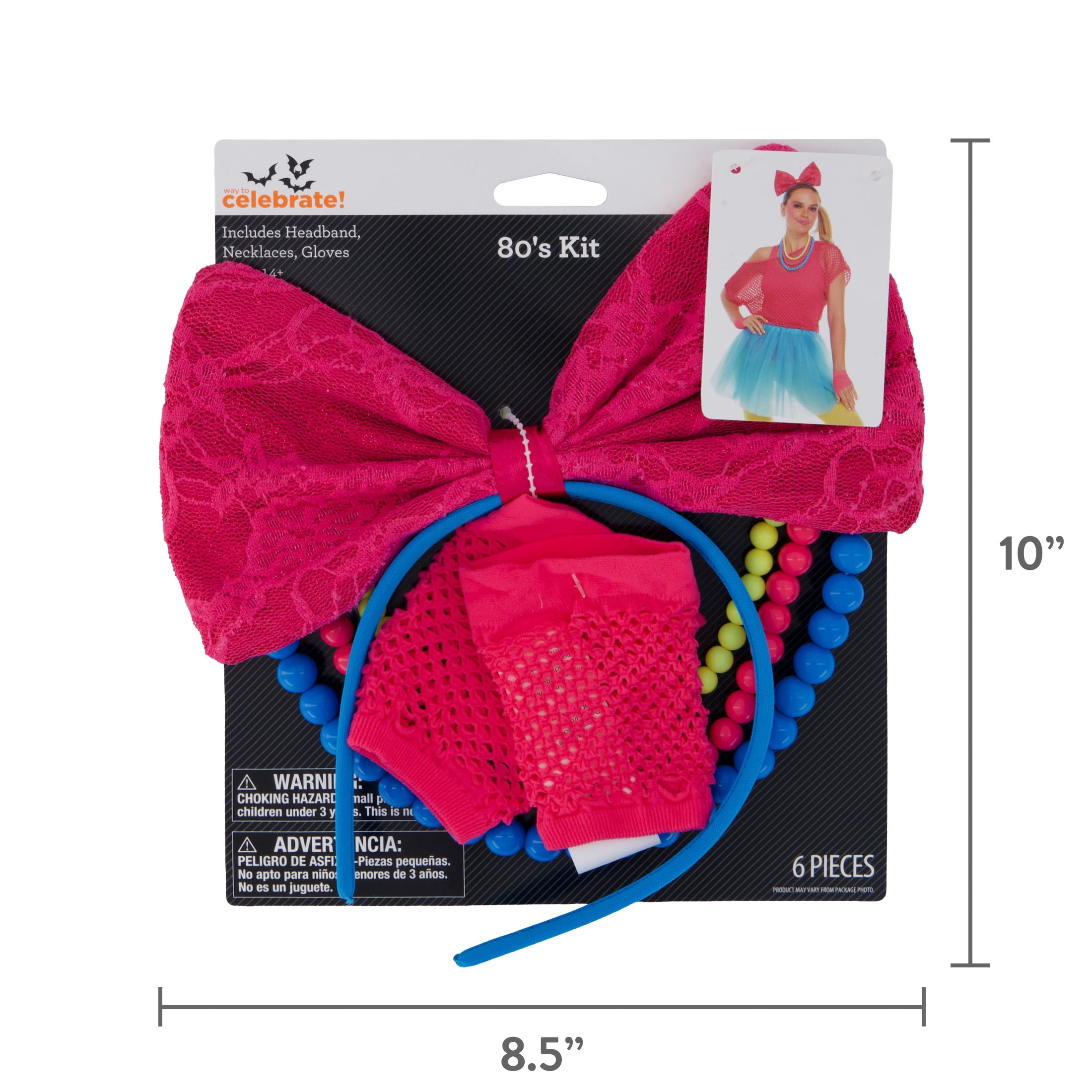 80s Costume Accessory Kit for Adults, Pink/Blue/Yellow, 6 Pieces, Halloween by Way To Celebrate