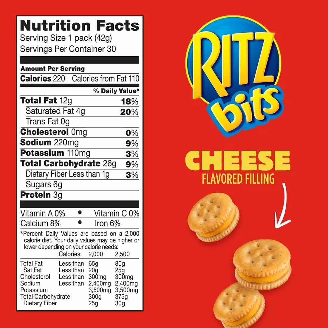Ritz Bits Cheese Cracker Sandwiches, 30 Count Box, 1 oz Snack Packs (30 oz Total)