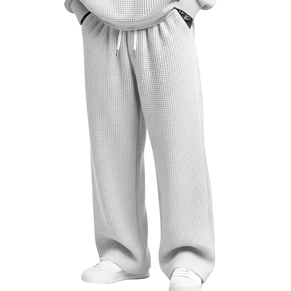Fgvctg Wide Leg Pants for Men Elastic Waist Lounge Pants Waffle Baggy Textured Jogger Trouser Drawstring Loose Fit Sweatpants with Pockets White 3XL