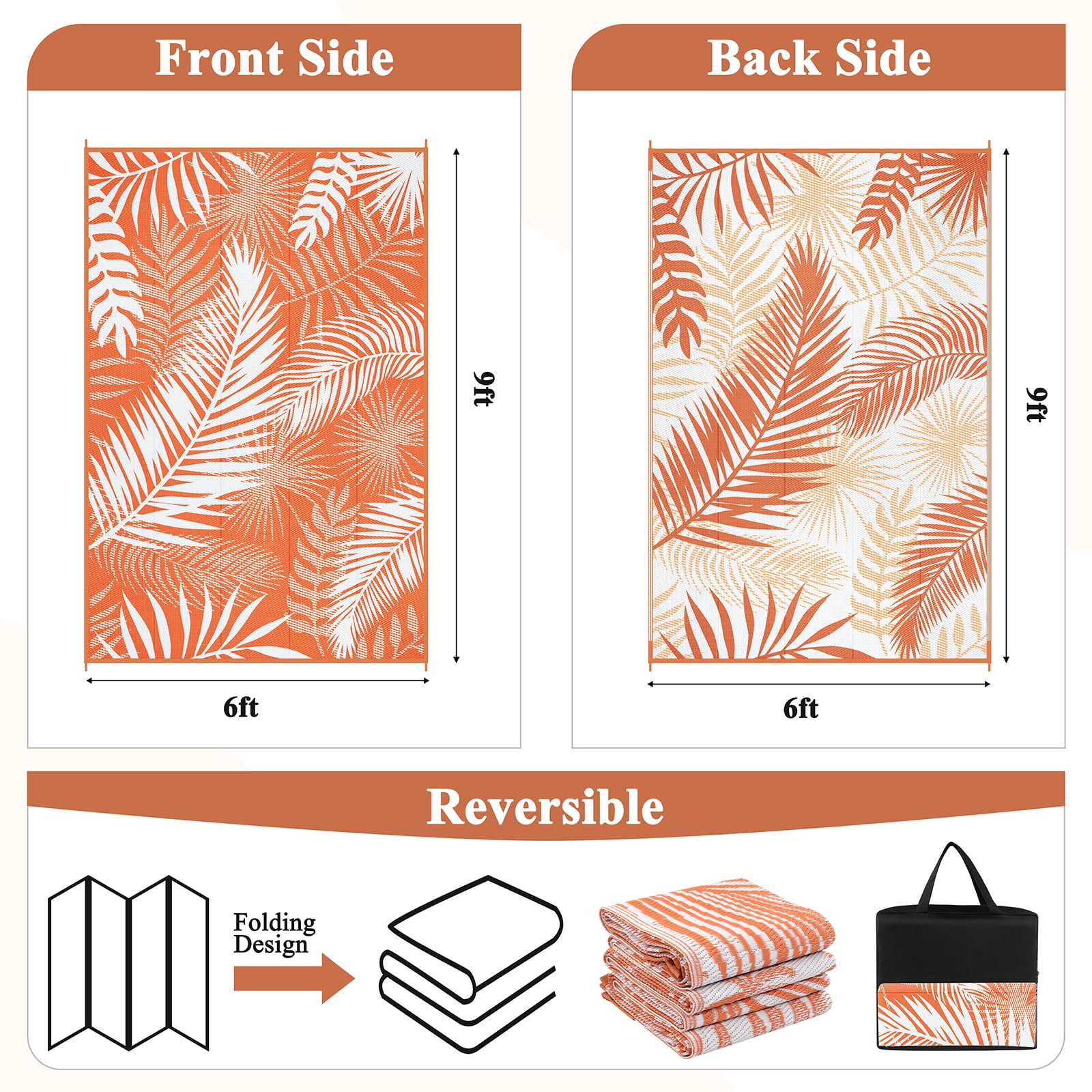 MeyJey Outdoor Rug , 6'x9' Reversible Waterproof Area Rug, Plastic Mat for RV Patio Camping, Orange