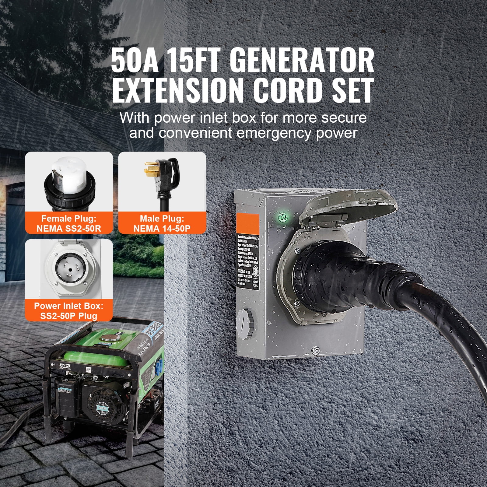 SKYSHALO Generator Cord with Inlet Box, 15FT 50 Amp, RV Extension Cord NEMA 14-50P/SS2-50R, 6/3+8/1 AWG, Twist Lock Connector, Pre-Drilled Power, ETL Certified