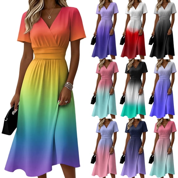 Laqbezok Gradient Ombre Short Sleeve Midi Dress, Elegant Ruched High Waist Slimming Summer Dress, Casual V-Neck A-Line Flare Fashion Outfit, Vibrant Sun Dress