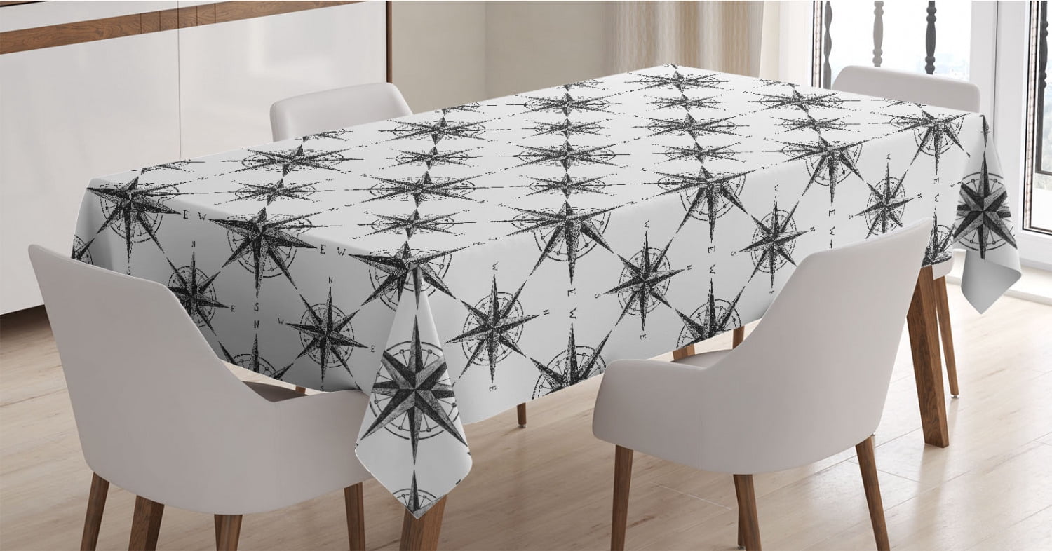 Compass Tablecloth, Black and White Sketch Style Windrose Discovering ...