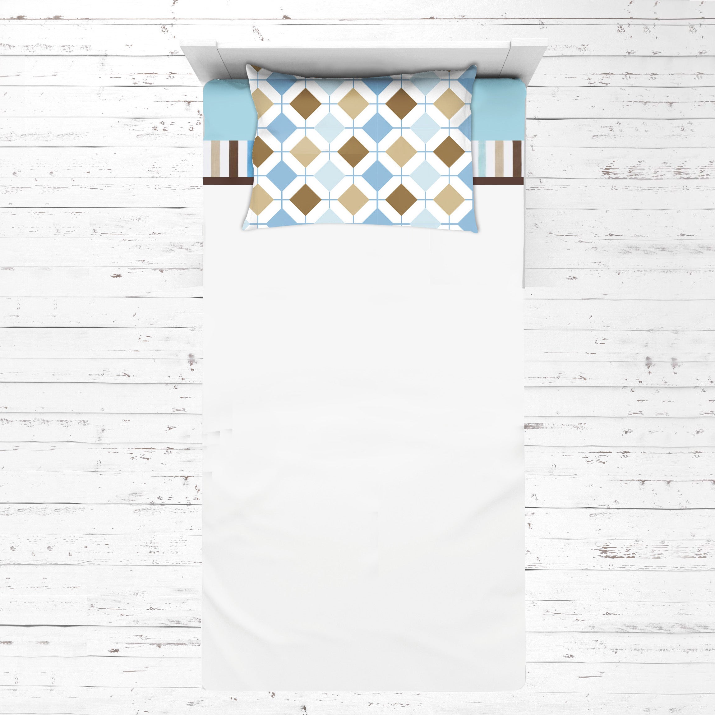 Bacati - Boys 4 pc Toddler Bedding/3 pc Sheet Set 100% Cotton Percale, Mod Diamonds Stripes, Aqua/Teal/Beige/Brown