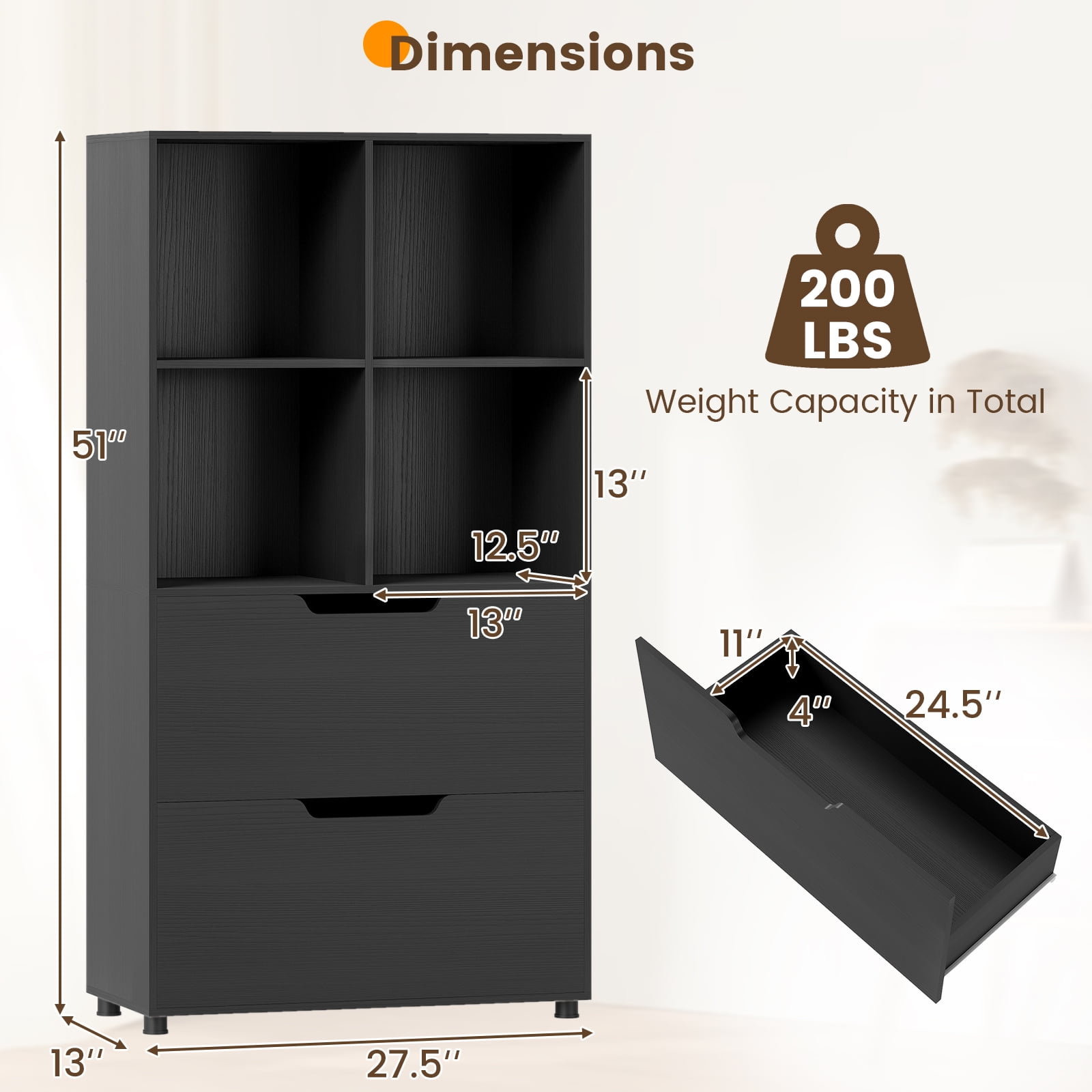 Costway 2PCS 51” 5-Tier 4-Cube Bookcase with 2 Drawers for Living Room, Study, Home Office Black