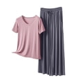 thumbnail image 7 of Zynoxe Pajamas for Women Set Two Piece V-neck Short Sleeve Shirts and Drawstring Wide Leg Pants Matching Outfit Loose Comfy Lounge Sets, 7 of 7
