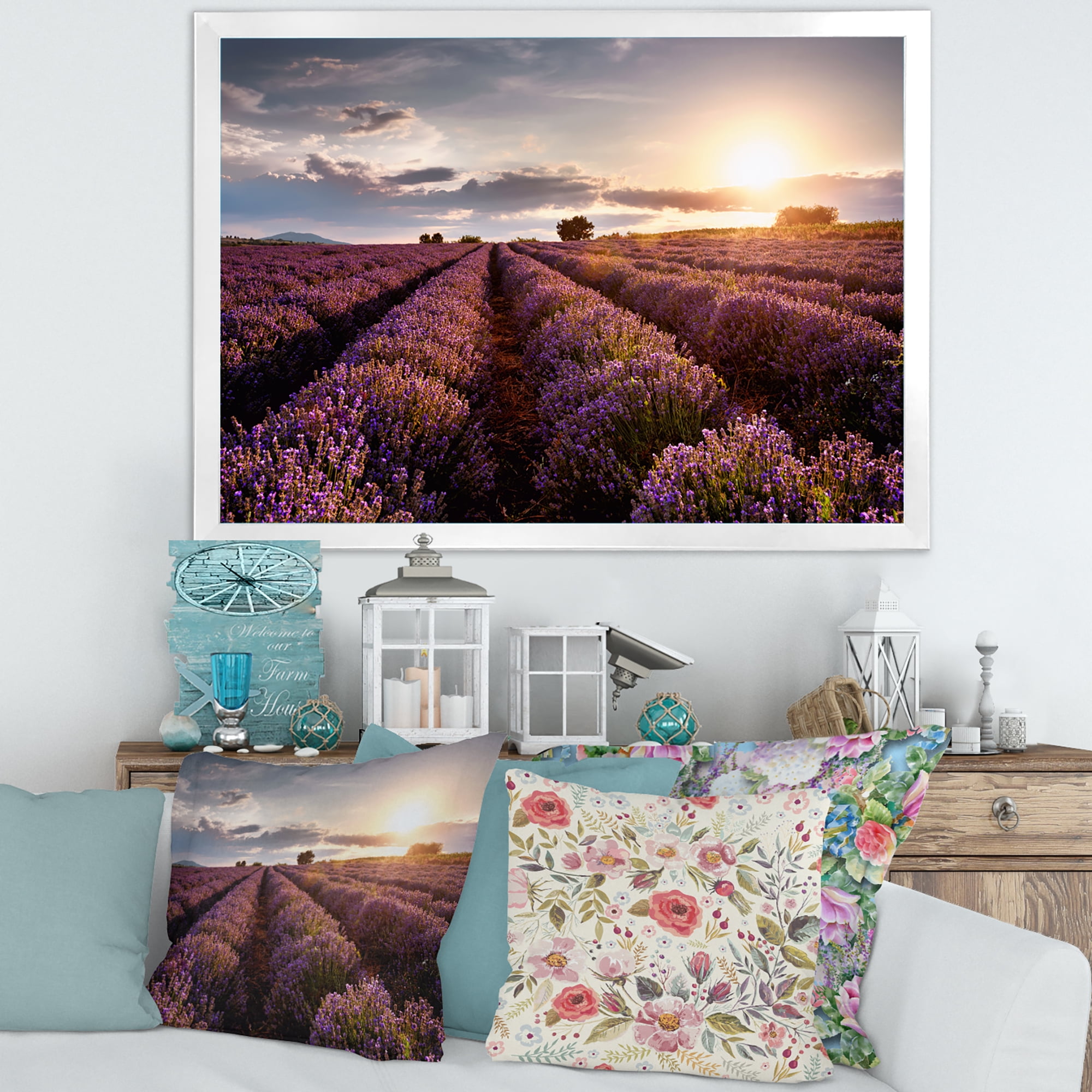 Designart 'Dramatic Clouds and Sunrise Over Lavender Field V' Farmhouse Framed Art Print