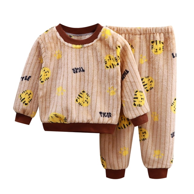 Gibobby Conjunto de pantalón Traje de franela para niños, pijamas de lana para bebés, traje de pantalones cálidos y esponjosos con animados para niñas(Marrón, 4-5 Años)