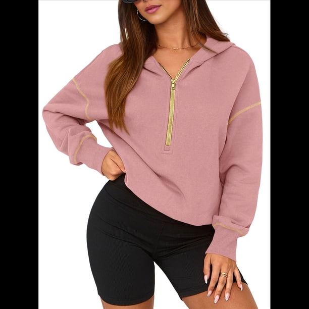 Sudadera con Capucha de Otoño para Mujer, Sudadera Corta de Larga con Media Cremallera, Jersey de Invierno, Ropa de Moda Rosa XL