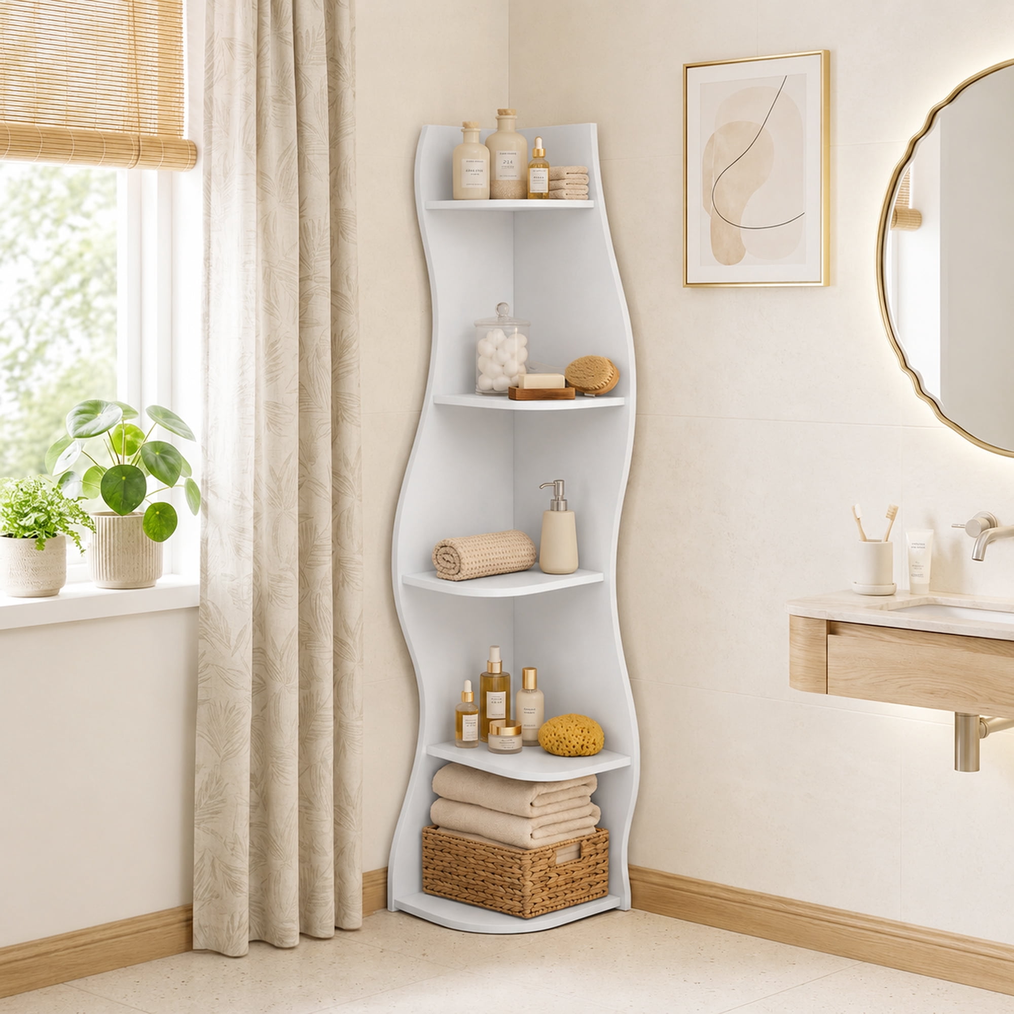 Leumius 5-Tier Bookshelf,Freestanding S-Shaped Corner Shelf Curved Display Rack,Space-Saving Corner Display Bookshelf/Plant Stand for Living Room Home Office,White