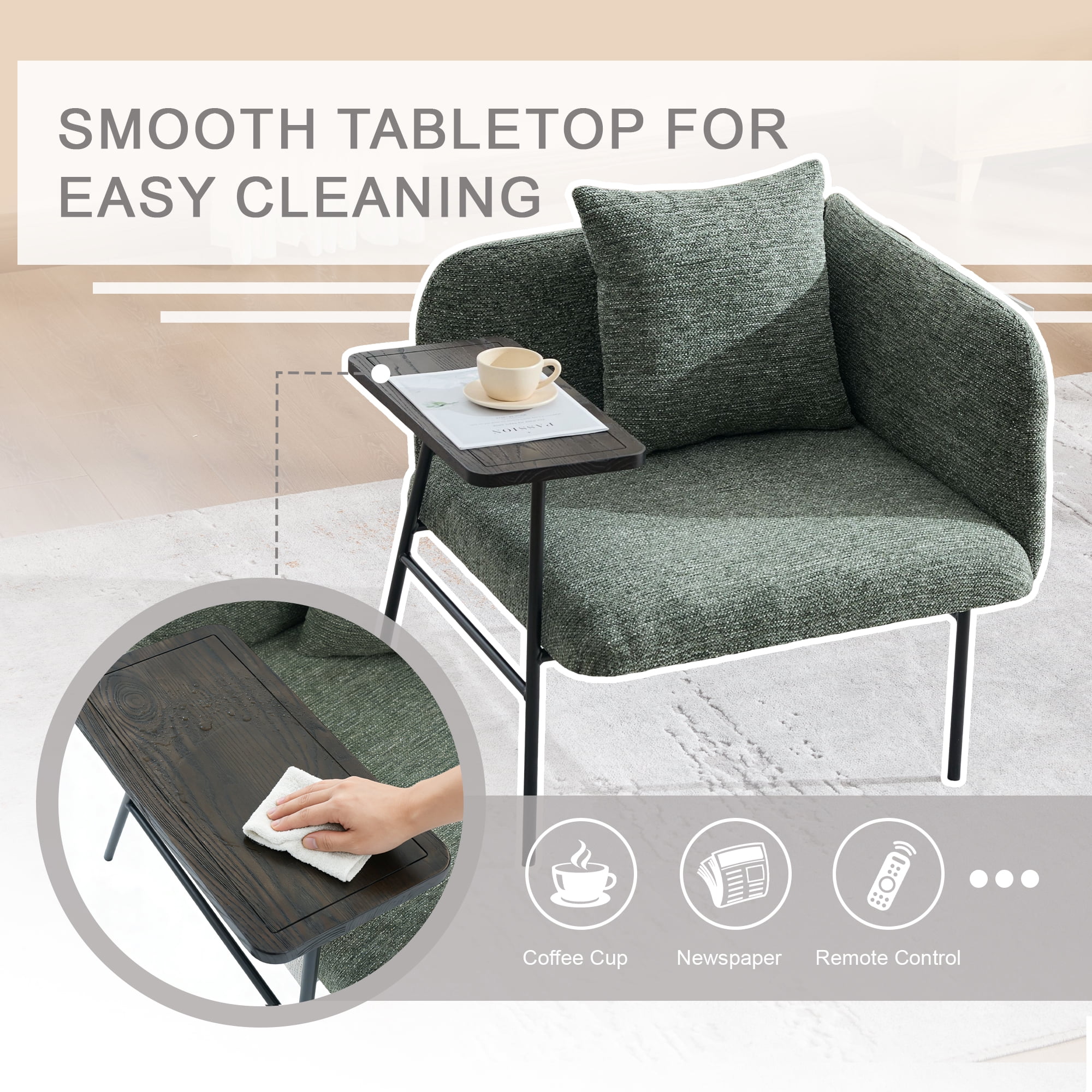 Emerald Green Accent Lounge Chair with Back Pillow and Side Table, Upholstered Single Sofa Armchair with Metal Legs, Reading Seating for Living Room Bedroom