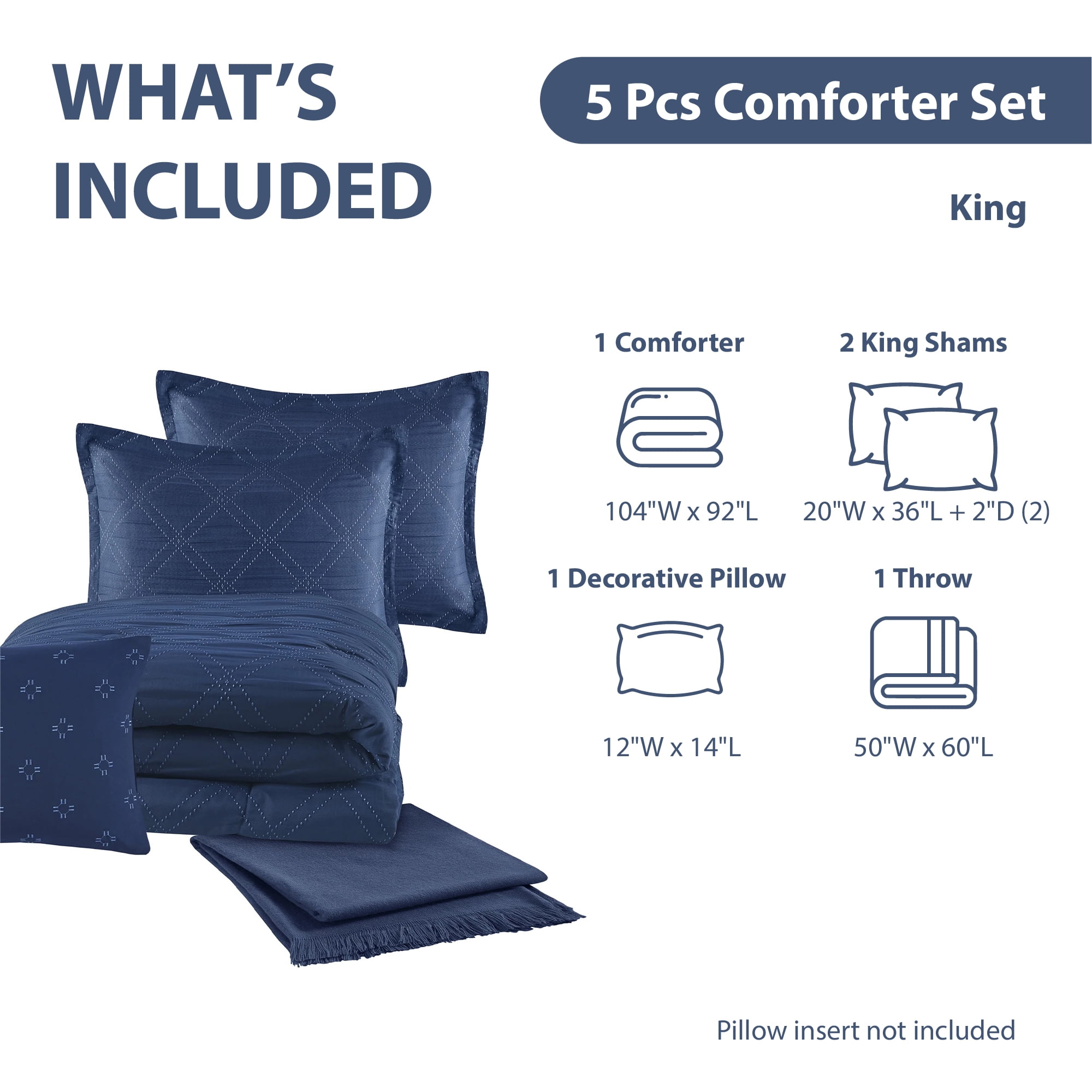 Mainstays 5-Piece Reversible Comforter Set Navy Cross Stitch Bedding with Decor Pillow and Throw, King