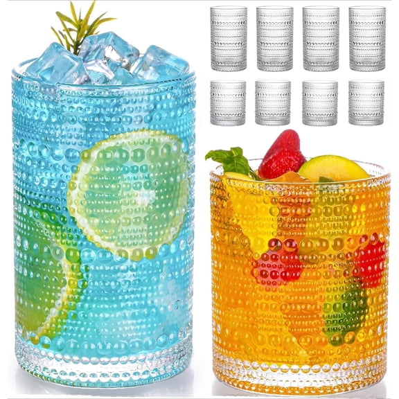 Set of 8 Embossed Hobnail Drinking Glasses, 12 oz Highball & 10 oz Vintage Cocktail Glassware, Dishwasher Safe Cups for Whiskey, Juice, Beer and Cocktails