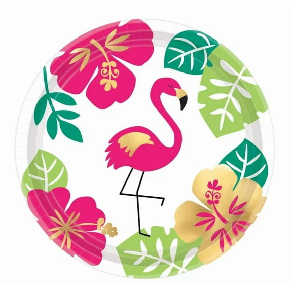 Amscan Metallic Aloha Flamingo Luau Party 7In Round Paper Dessert Plates 24Total