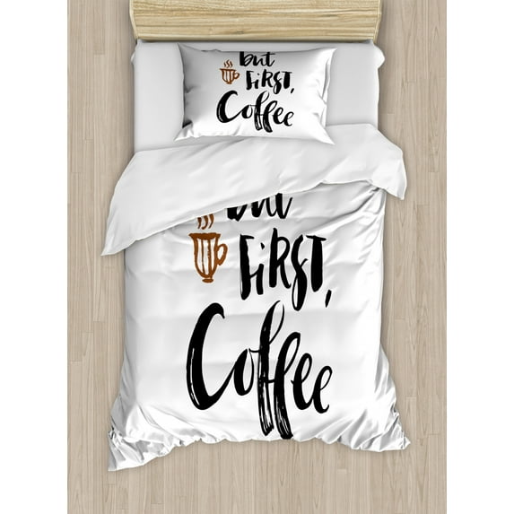 Coffee Duvet Cover Set Twin Size, Brush Calligraphy Modern Hand Drawn But First Coffee Popular Quote Lettering, Decorative 2 Piece Bedding Set with 1 Pillow Sham, Black White Brown, by Ambesonne