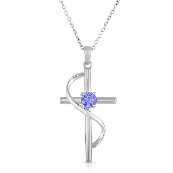 Natalia Drake Ribbon Tanzanite Cross Necklace for Women in Rhodium Plated Sterling Silver