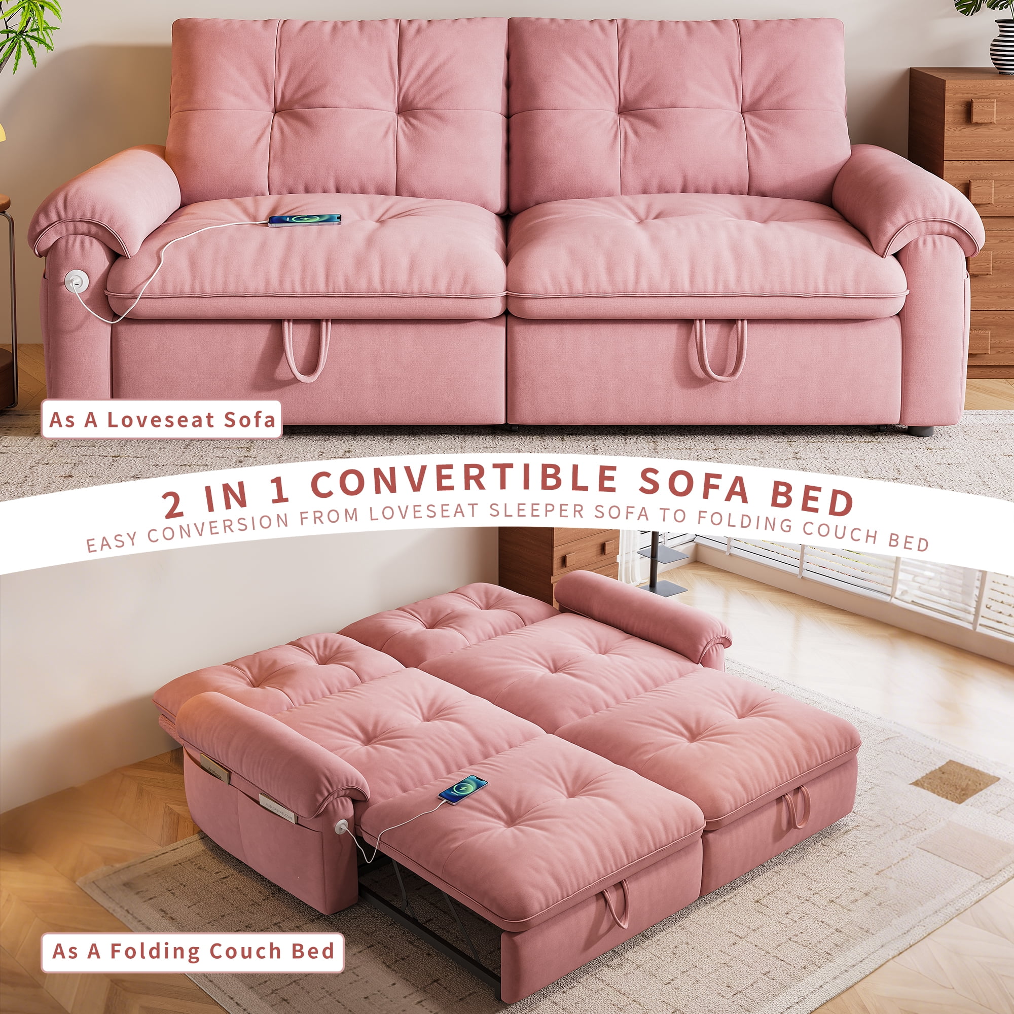 LLappuil 77" Pull Out Sofa Bed Queen Size, Loveseat Sofa Convertible Sleeper Sofa Bed, Flannelette Fabric Sofa Couch for Living Room Pink