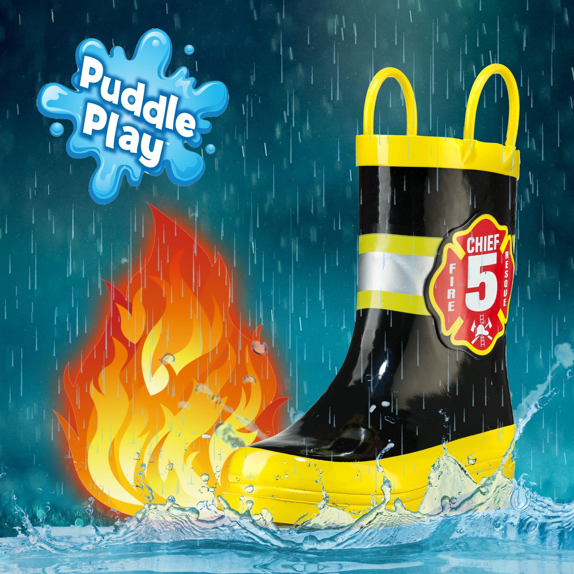 Puddle Play Boys Black Fire Chief Rubber Rain Boots - Size 9 Toddler