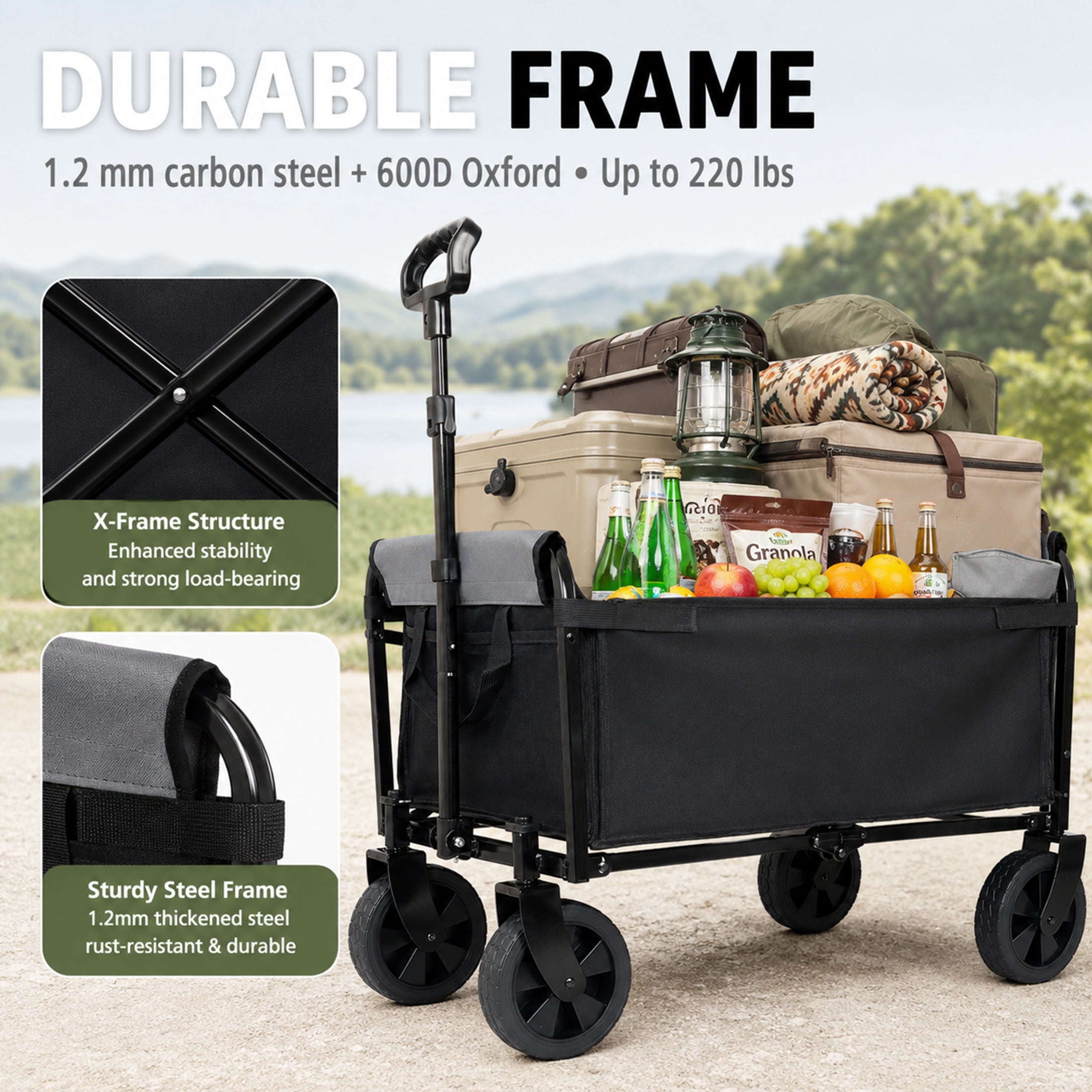 3-in-1 Collapsible Wagon with Wheels, 220 lbs Lightweight Folding Utility Cart with Cup Holders, Pet Wagon, Trunk Organizer for Groceries, Camping, Shopping, Black