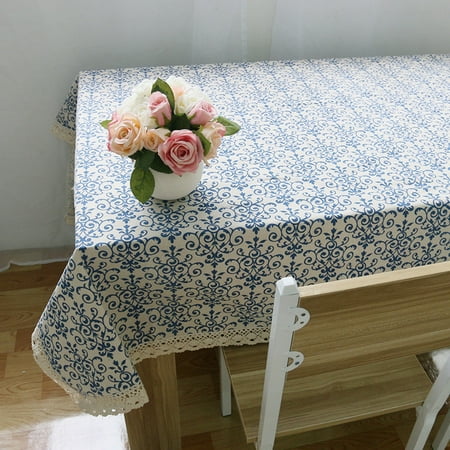 

Mulanimo Retro Blue and White Porcelain Tablecloth with Lace Cotton Linen Table Cover for Dinning Home Decor