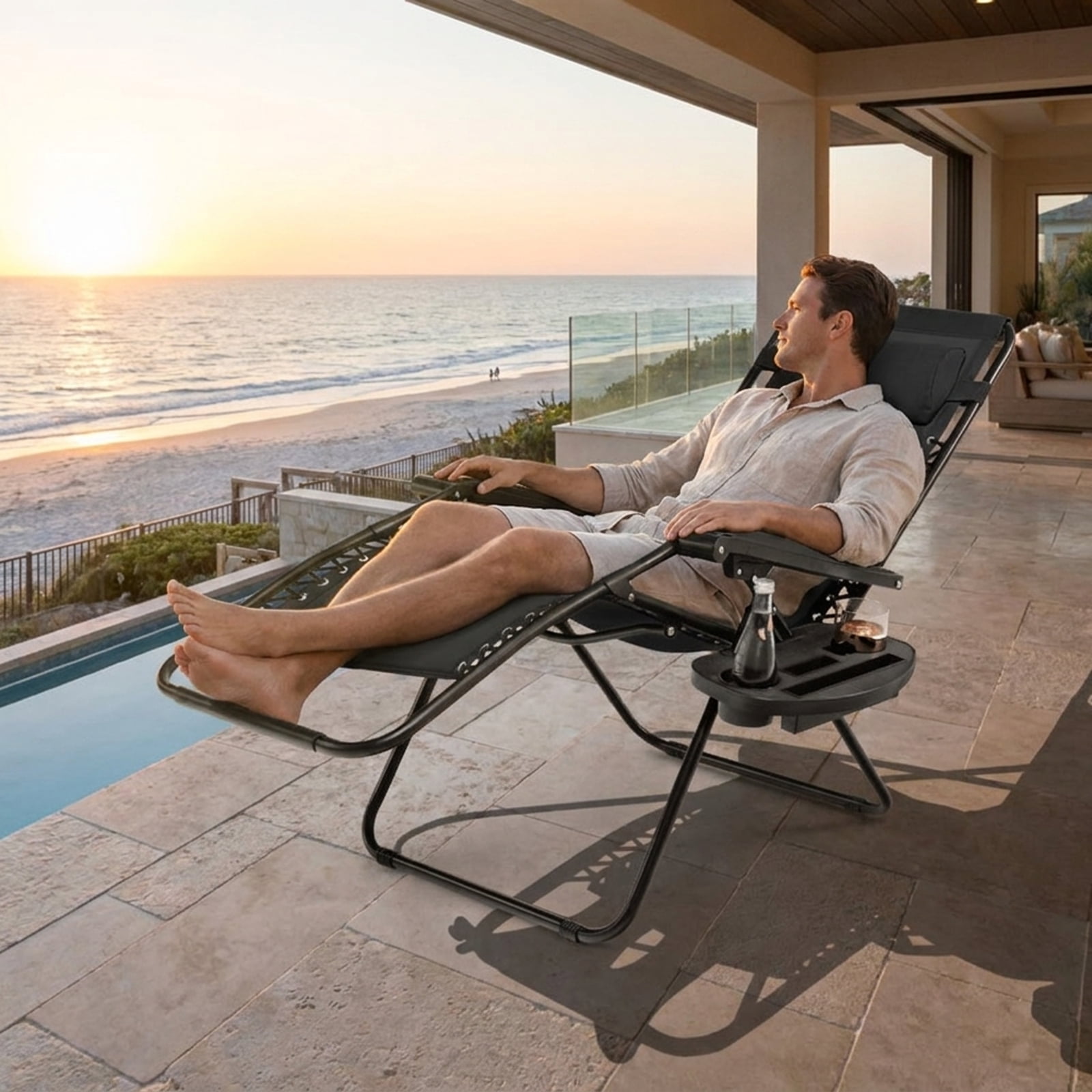 Furnibear Outdoor Folding Zero Gravity Recliner Lounge Chair with Adjustable Lock Removable Cup Holder Tray Detachable Headrest Steel Aluminum Frame and 350 lb Capacity, Dark Red