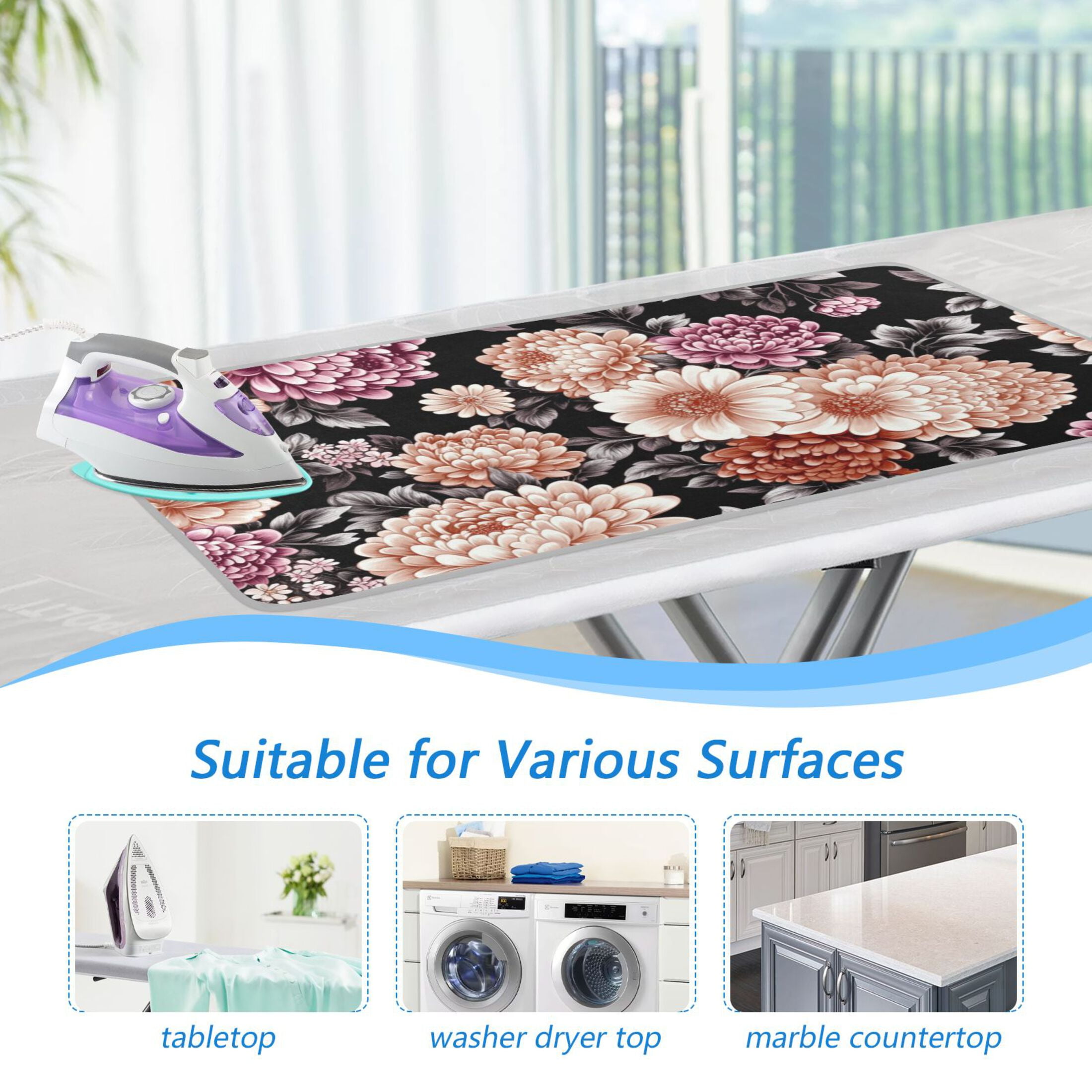 Floral Pattern on Black Ironing Mat Blanket for Table Top Travel Portable Ironing Board Pad 47.2x27.6 Inch