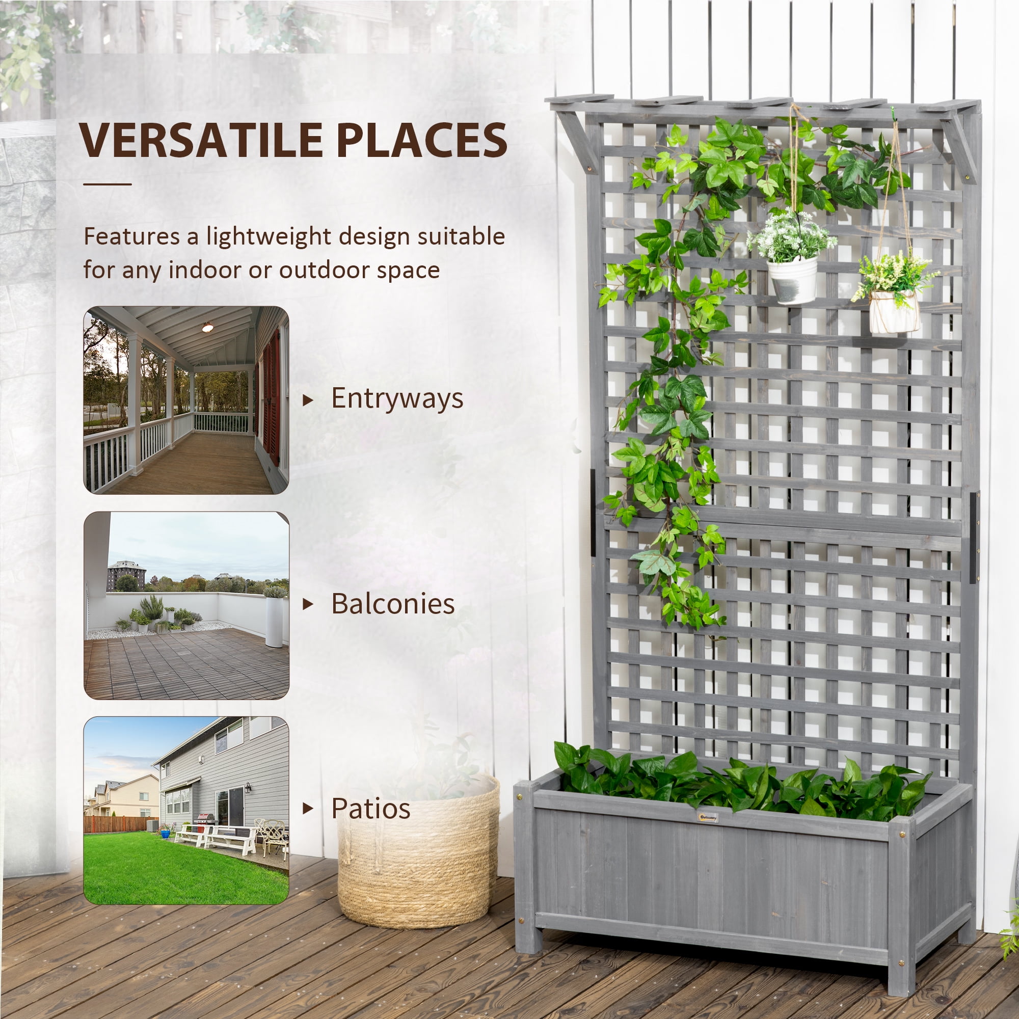 Outsunny Wood Planter with Trellis, Raised Garden Bed for Climbing Plants with Drainage Holes and Roof, 35.5" x 17.75" x 72", Gray