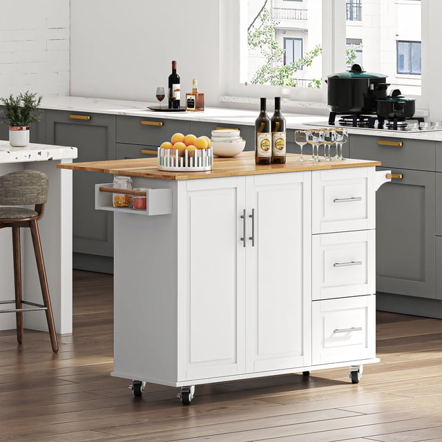 Soges 43" Kitchen Island with 3 Drawers Kitchen Cart with Foldable Countertop and Adjustable Shelves