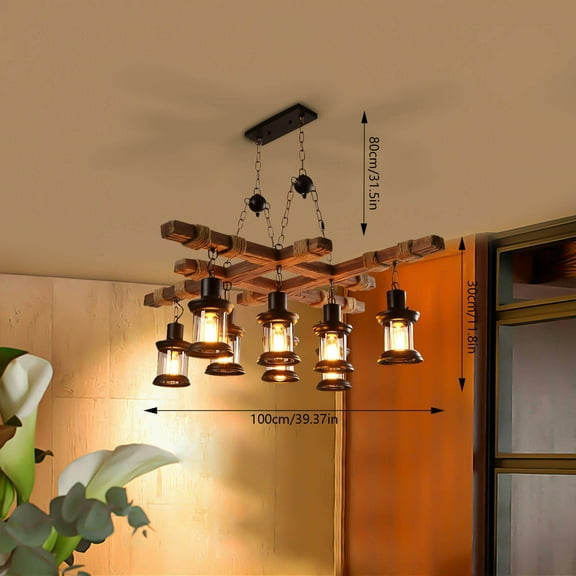 8-Light Retro Industrial Chandelier Wood Pendant Fixture Cafe Bar Loft