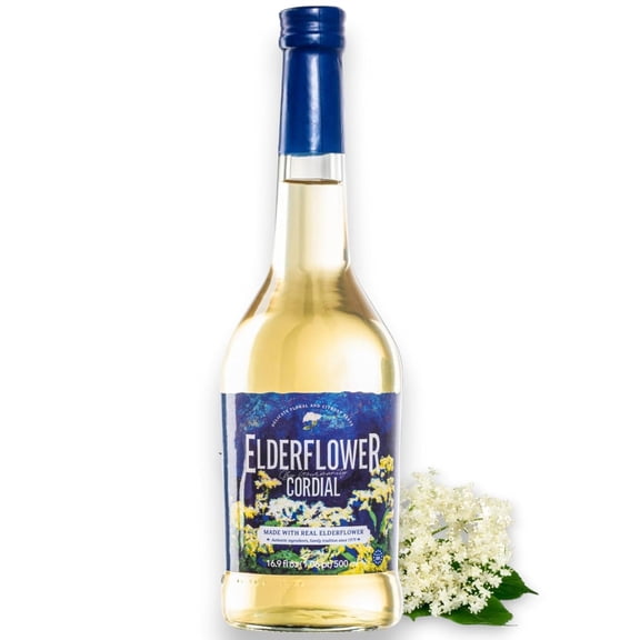 Gourmanity Elderflower Syrup, All Natural 3 Ingredient Elderflower Cordial, Floral & Fresh Elderberry Flower Syrup (500ml/16.9 fl oz Glass Bottle)