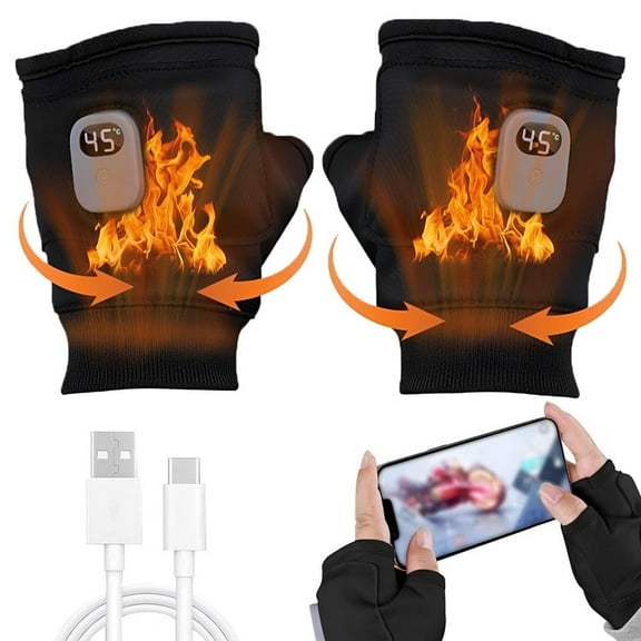 Electric Heated Gloves, Fingerless Hand Warmers for Women Man, 3 Temperature Settings, 360-Degree Rapid Heating, Touchscreen Gloves for Winter Cold Weather