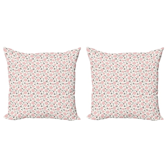 Ambesonne Floral Throw Pillow Cover 2 Pack, Pink Roses and Peonies, 20", Pale Pink Black