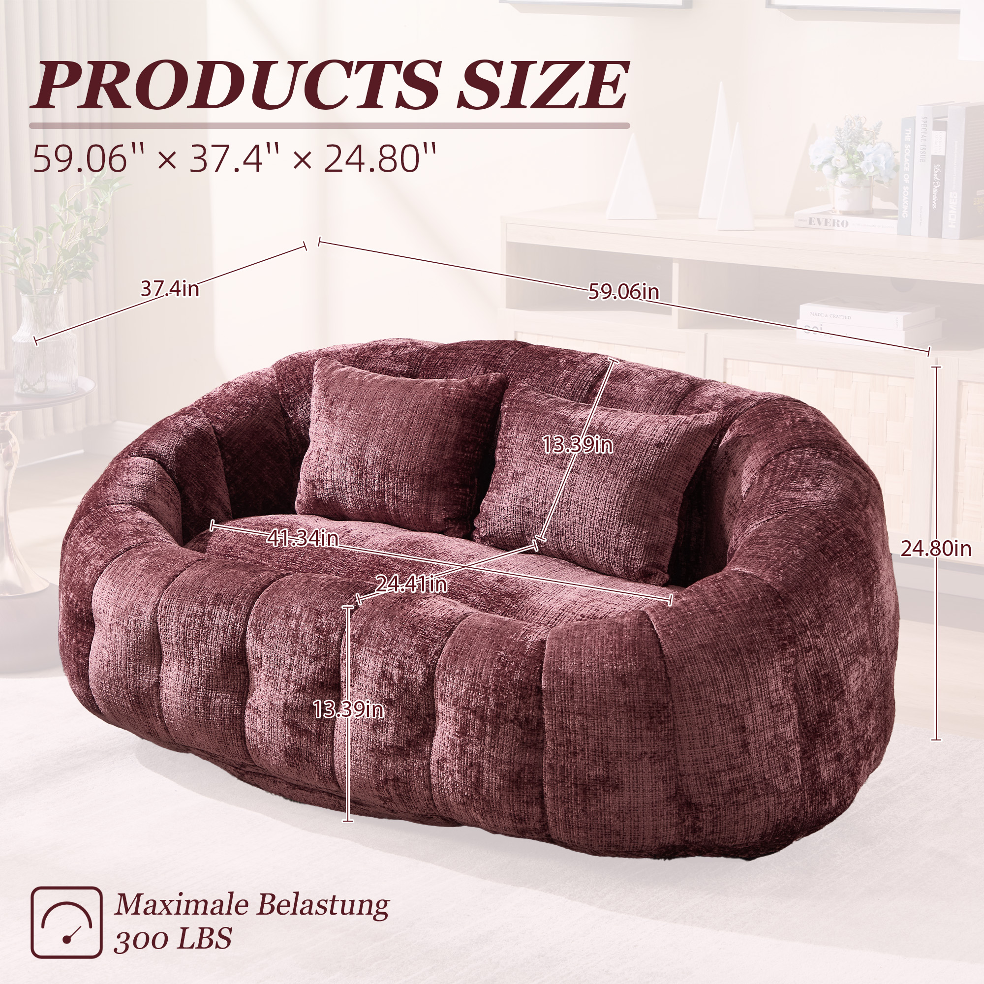 MOONMISS Large 59'' Bean Bag Chair for Adults,Chenille Shell-Shaped Couch with Two Pillows,Oversized Single Sofa,Wine Red