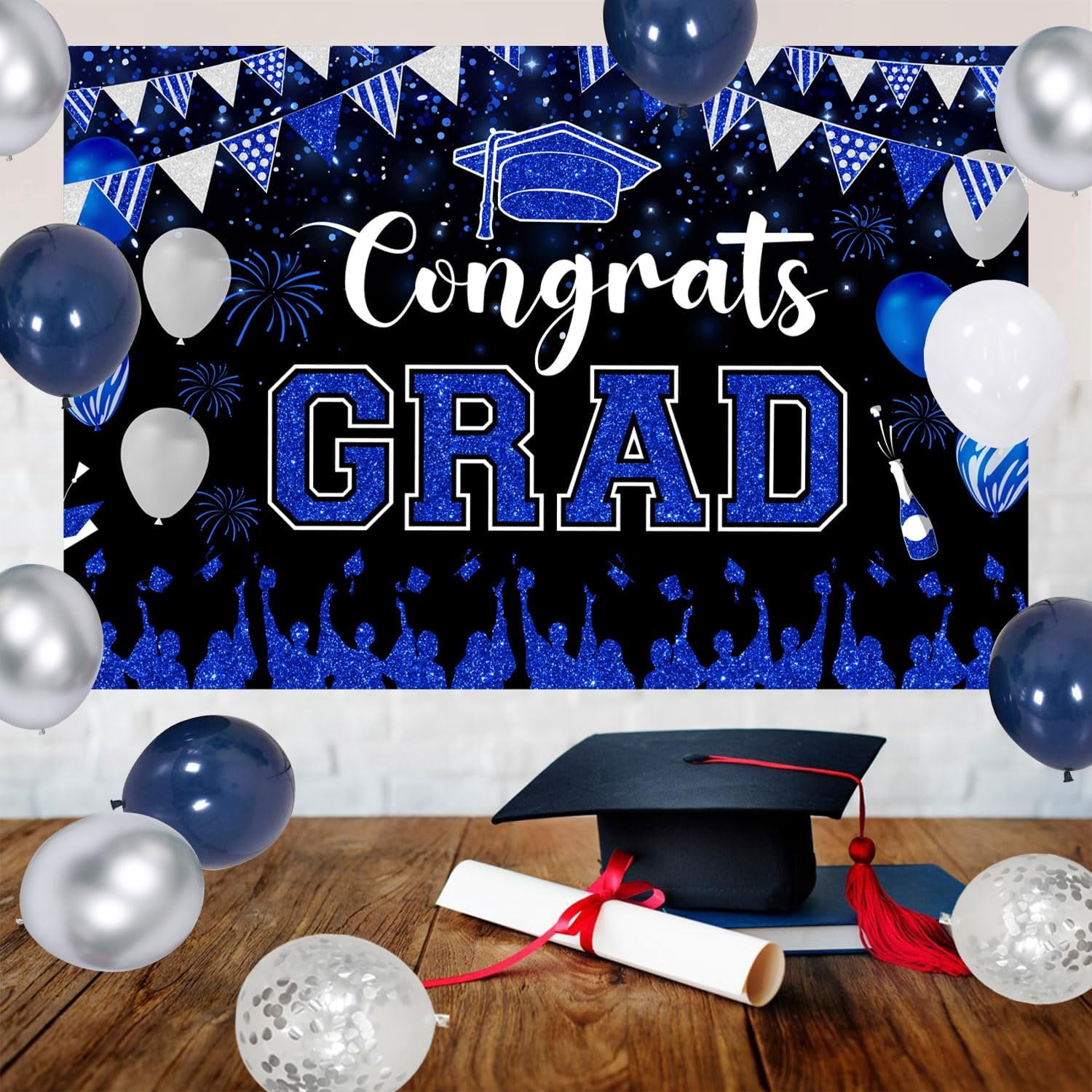 73Pcs Congrats Grad Decorations 2024, Navy Blue and Silver Graduation Decor with Congrats Grad Backdrop Navy Blue Silver Balloon Garland Arch Kit for Class of 2024 Grad Prom Graduation Supplies