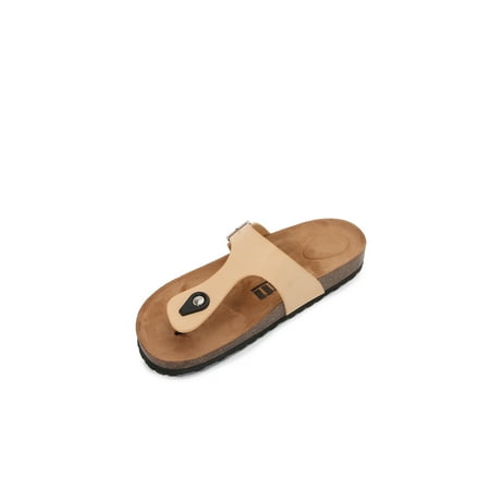 

Women Soft Cork Footbed PU Leather Hook and Loop T Strap Flip Flops (PU Apricot / 8 )