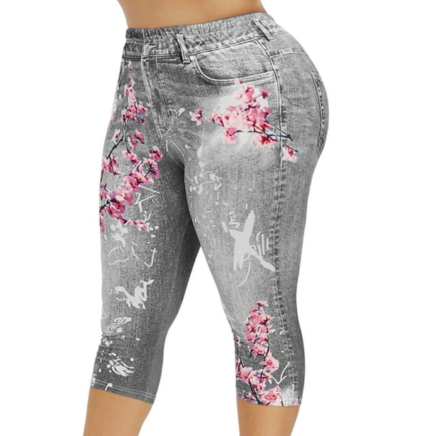 MAWCLOS Ladies Denim Print Capri Leggings Seamless Fake Jeans High