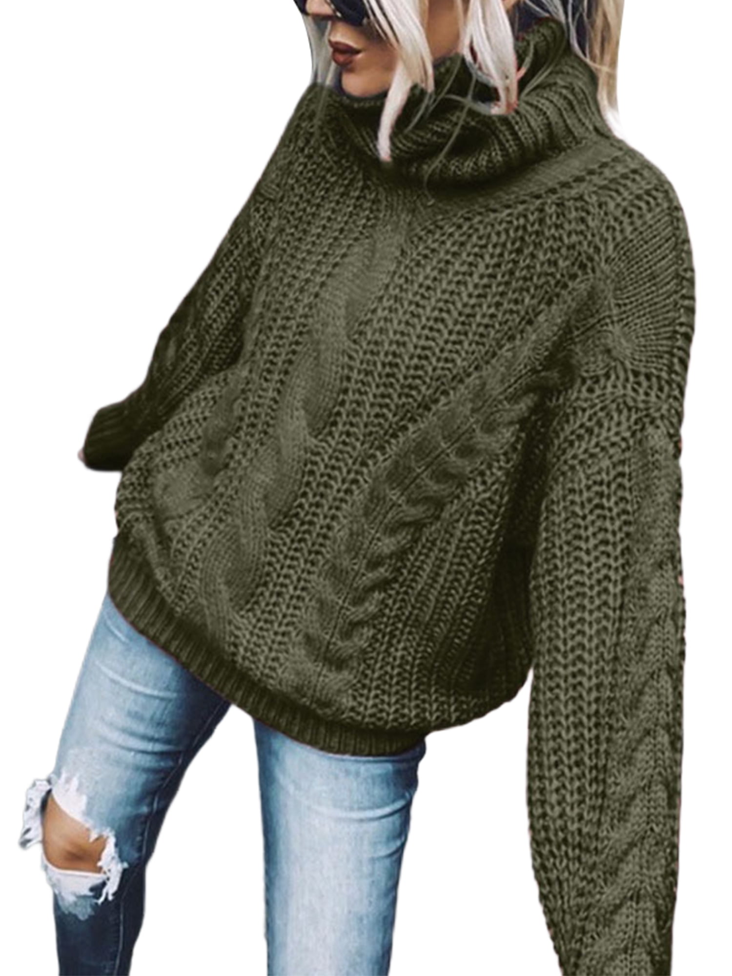 Women's Plain Long Sleeve Pullover Tops Ladies Knitted High Neck Jumper Sweater 