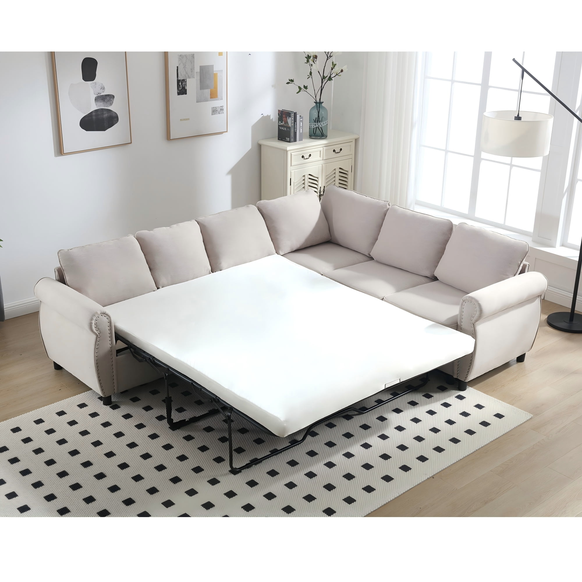 LLappuil Sectional Sofa, Pull Out Sofa Bed Queen Size, 6 Seat Sofa Couch Convertible Sleeper Sofa Bed for Living Room Beige