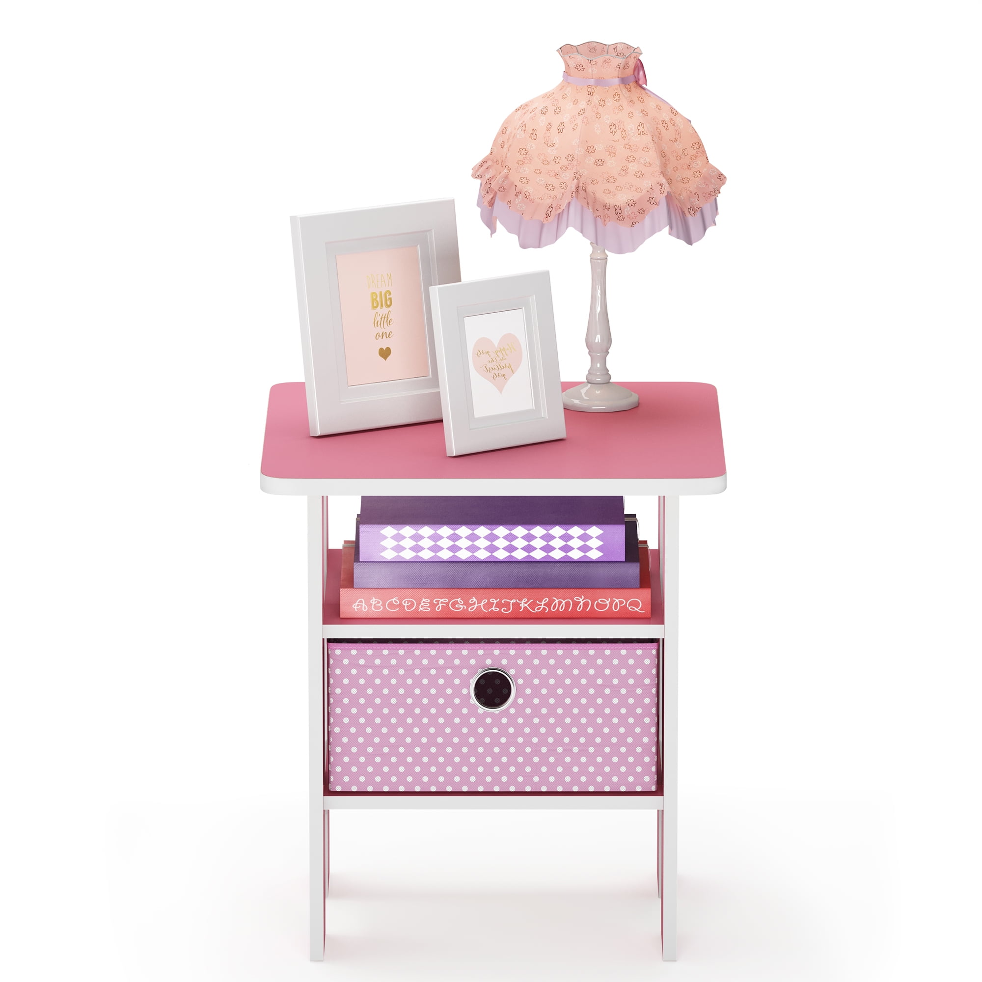 Furinno Andrey Engineered Wood End Table with Bin Drawer in Light Pink