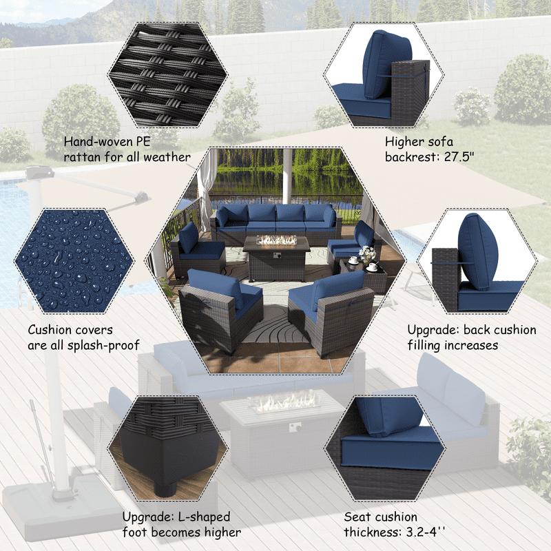 ALAULM 11 Pcs Patio Furniture Set with 2 Wicker Swivel Chairs & Stainless Steel Gas Fire Pit Table, Brown/Navy Blue