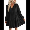 thumbnail image 2 of Vestidos Cortos de Larga para Mujer, Cuello en V, Informales, Holgados, con Vuelo, con , Estilo Bohemio para Vacaciones, para Otoño Negro M, 2 of 8