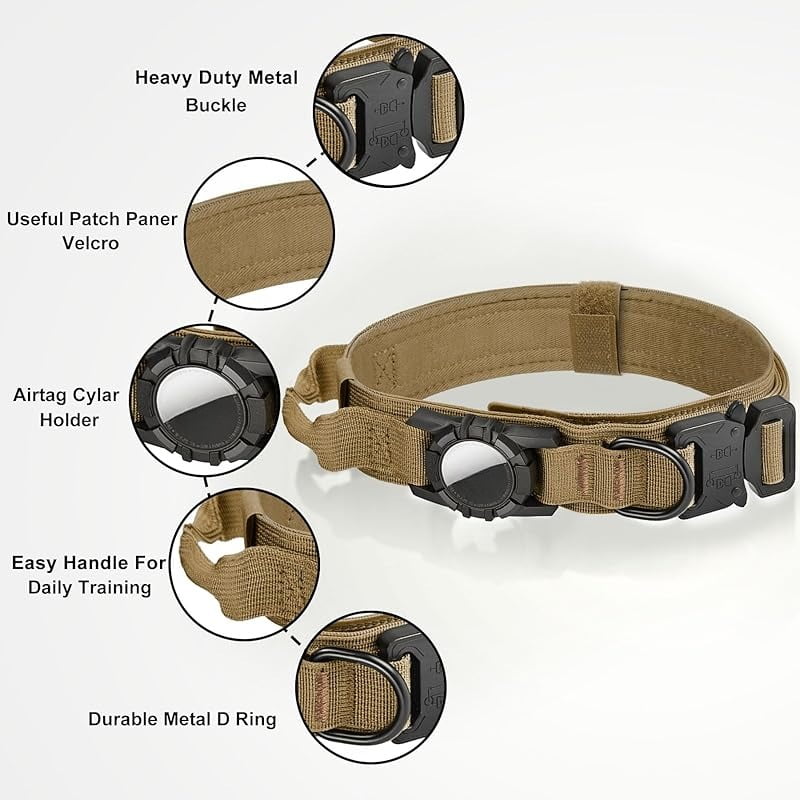 WAAYEE Tactical AirTag Dog Collar - Heavy Duty, Adjustable Collar Compatible with AirTag, with Control Handle for Medium/Large Dogs(Airtag Not Included)