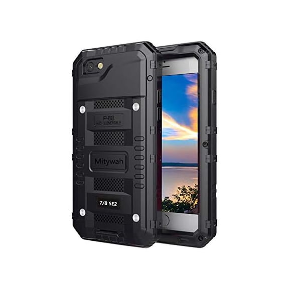 Waterproof Case for iPhone SE 2020, Heavy Duty Durable Metal Full Body Protective Case Built-in Screen Protection Waterproof Shockproof Dustproof Rugged Military Grade Defender, Black
